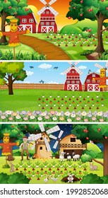 Different farm scenes with old farmer and animal cartoon character illustration