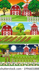 Different farm scenes with old farmer and animal cartoon character illustration