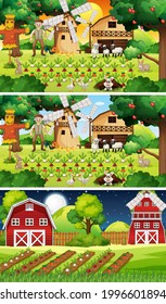 Different farm scenes with old farmer and animal cartoon character illustration