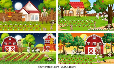 Different farm scenes with old farmer and animal cartoon character illustration