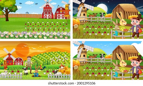 Different farm scenes with old farmer and animal cartoon character illustration