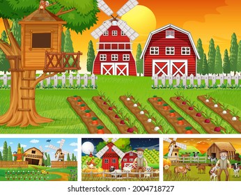 Different farm scenes with old farmer and animal cartoon character illustration