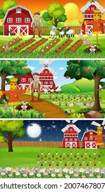Different farm scenes with old farmer and animal cartoon character illustration