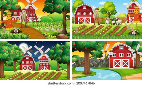 Different farm scenes with old farmer and animal cartoon character illustration