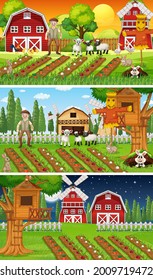 Different farm scenes with old farmer and animal cartoon character illustration