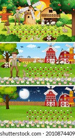 Diferentes escenas de granjas con ilustraciones de personajes de dibujos animados de granjeros y animales
