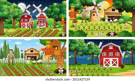 Different farm scenes with old farmer and animal cartoon character illustration