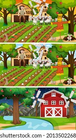 Different farm scenes with old farmer and animal cartoon character illustration