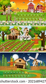 Different farm scenes with old farmer and animal cartoon character illustration