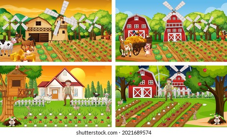 Different farm scenes with old farmer and animal cartoon character illustration