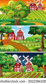 Different farm scenes with old farmer and animal cartoon character illustration