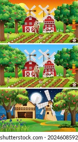 Verschiedene Landschaftsbilder mit alter Farmer- und Tierkartoon-Zeichenkette