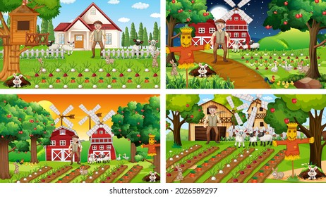 Different farm scenes with old farmer and animal cartoon character illustration