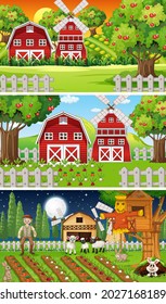 Verschiedene Landschaftsbilder mit alter Farmer- und Tierkartoon-Zeichenkette