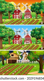 Different farm scenes with old farmer and animal cartoon character illustration
