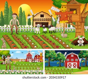 Different farm scenes with old farmer and animal cartoon character illustration