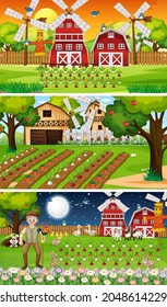 Different farm scenes with old farmer and animal cartoon character illustration