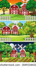 Different farm scenes with old farmer and animal cartoon character illustration