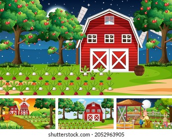 Different farm scenes with old farmer and animal cartoon character illustration