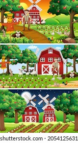 Different farm scenes with old farmer and animal cartoon character illustration