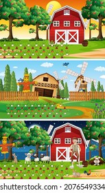 Different farm scenes with old farmer and animal cartoon character illustration