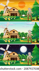 Diferentes escenas de granjas con ilustraciones de personajes de dibujos animados de granjeros y animales