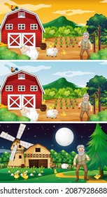 Different farm scenes with old farmer and animal cartoon character illustration