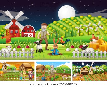 Different farm scenes with old farmer man and animals illustration