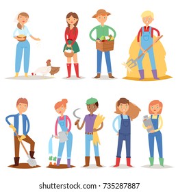 Different farmer workers people character agriculture person profession farming life vector illustration.