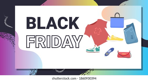 different fashion clothes black friday big sale promotion discount concept horizontal vector illustration