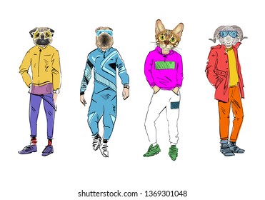 Different fashion models with animal heads set. Modern clothes. Template sketch vector illustration. 