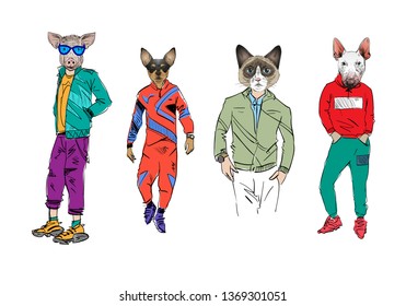 Different fashion models with animal heads set. Modern clothes. Template sketch vector illustration. 
