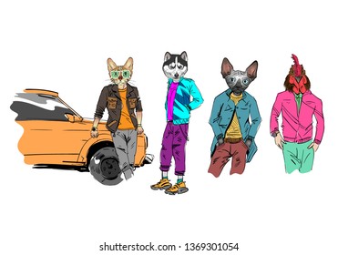Different fashion models with animal heads set. Modern clothes. Template sketch vector illustration. 