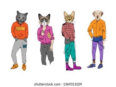 Different fashion models with animal heads set. Modern clothes. Template sketch vector illustration. 