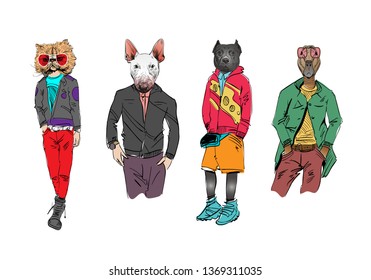 Different fashion models with animal heads set. Modern clothes. Template sketch vector illustration. 