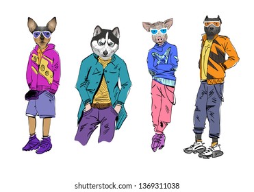 Different fashion models with animal heads set. Modern clothes. Template sketch vector illustration. 