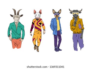 Different fashion models with animal heads set. Modern clothes. Template sketch vector illustration. 