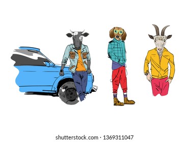 Different fashion models with animal heads set. Modern clothes. Template sketch vector illustration. 