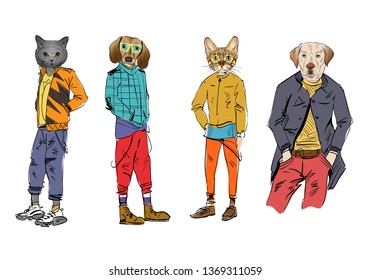 Different fashion models with animal heads set. Modern clothes. Template sketch vector illustration. 