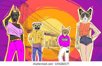 Different fashion models with animal heads set. Modern clothes. New York. USA. Hand drawn city sketch. Vector illustration.