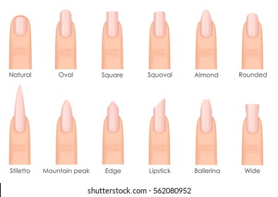Different fashion nail shapes. Set kinds of nails. Salon nails type trends. 