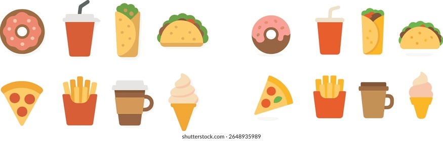 Different fast food items are arranged in a colorful layout, featuring tacos, pizza, donuts, drinks, and ice cream cones, creating a fun and appetizing visual appeal.
