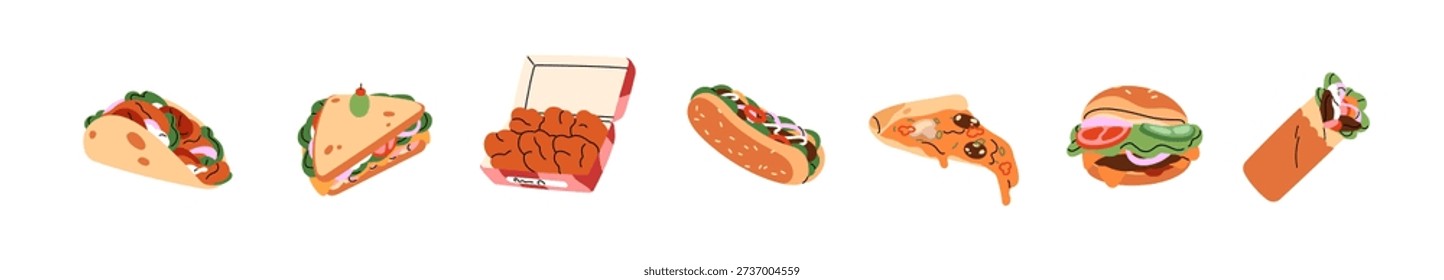 Different fast food set. Various fastfood: pita, sandwich, chicken nuggets, hot dog, slice of pizza, burger and shawarma. Tasty eating. Flat isolated vector illustrations on white background