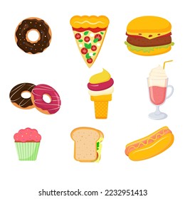 Different fast food set. Vector illustration.
