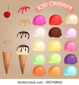  Different favors and colors. Ice cream scoops and waffle cone. 