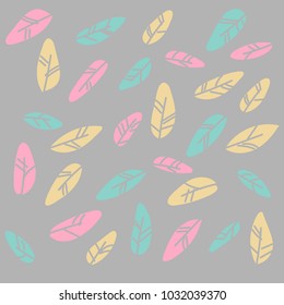 The different feathers are painted on a dark background. Painted in delicate colors. Hand draw set.