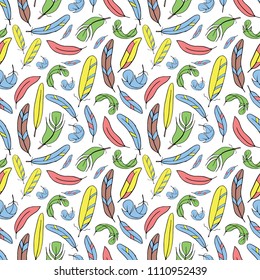 Different feathers painted on a white background, painted in different colors. Seamless pattern.