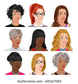 Different female avatars. Vector isolated characters.
