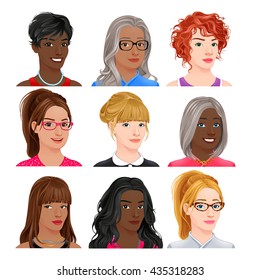 Different female avatars. Vector isolated characters.
