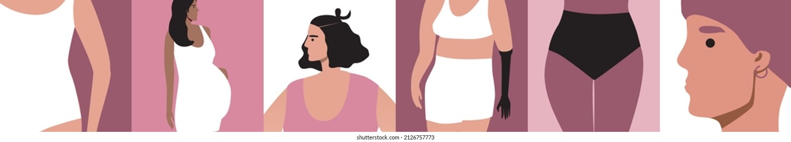 Different female body. Flat vector stock illustration. Plus size and thin people, different ages and ethnic group. Pregnant person. Beauty of natural woman. Set, collection or modern collage